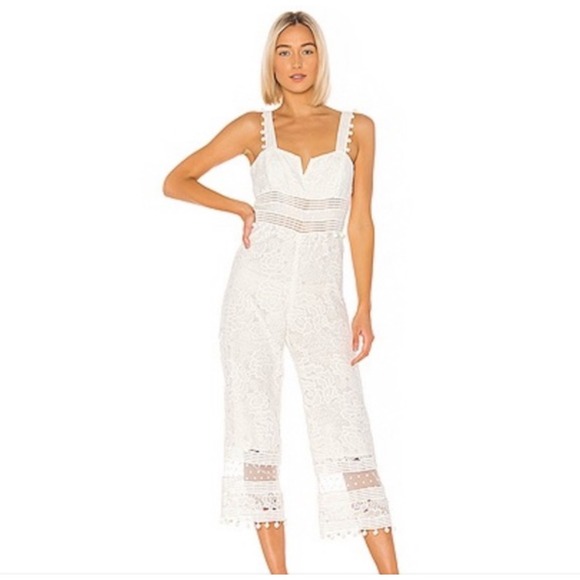 SAYLOR x Free People Gabri White Lace Jumpsuit Cropped Wide Leg Zipper‎ Front S